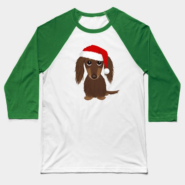 Longhaired Chocolate Dachshund with Santa Hat Cute Dog Christmas Baseball T-Shirt by Coffee Squirrel